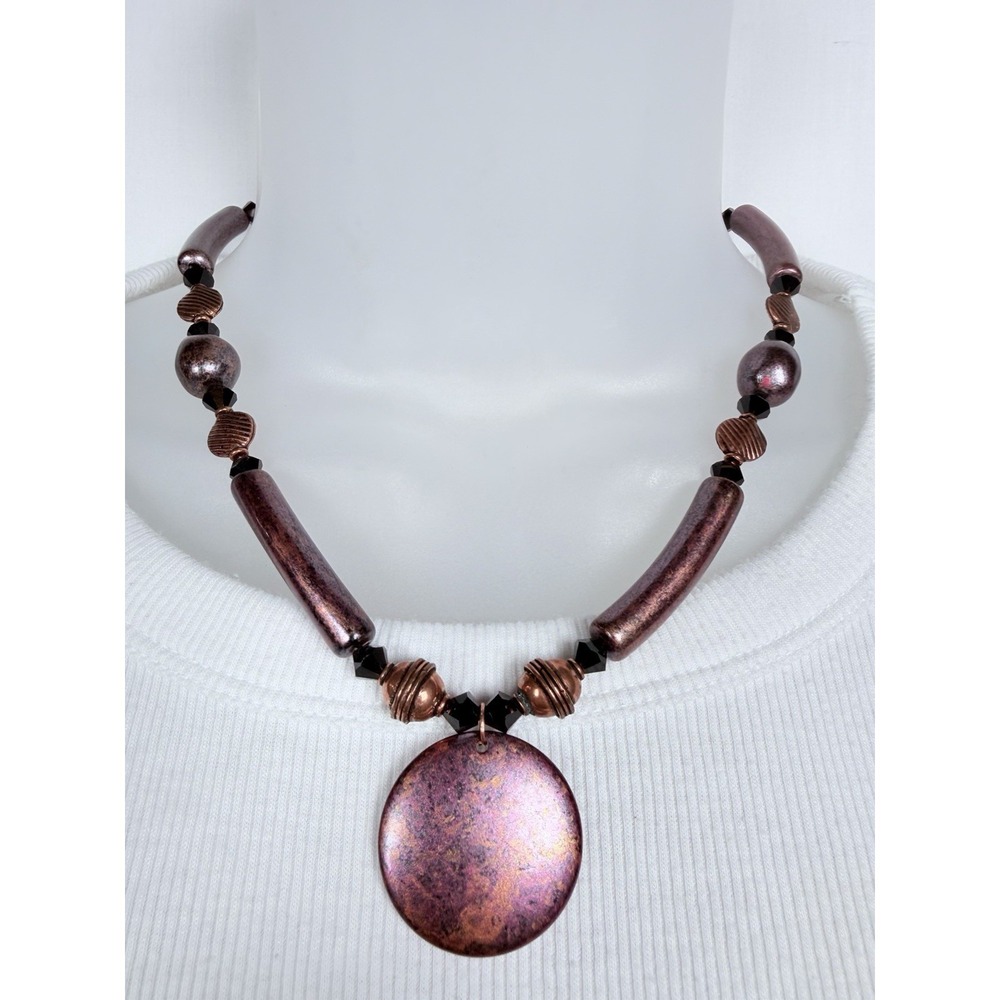 Artisan Rose Copper Tone Beaded Statement Necklace Metallic Disc Black Crystal